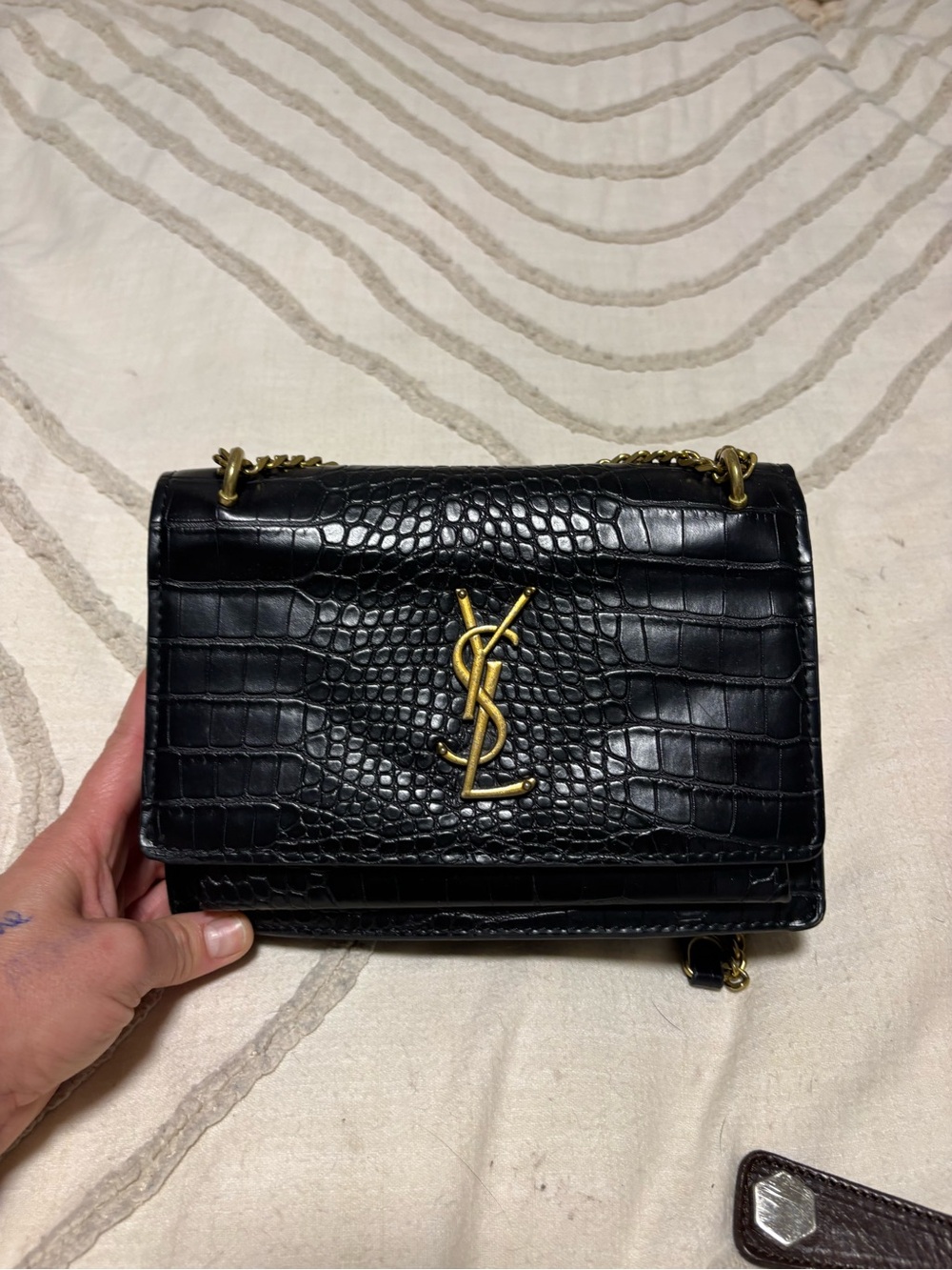 Saint Laurent copy Black Croc-Embossed Shoulder Bag with Gold YSL Hardware